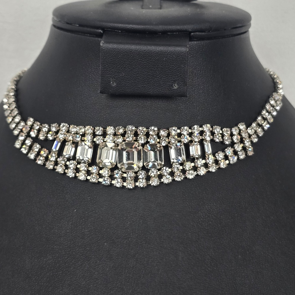 Vintage Rhinestone Choker Necklace Tiered Bib Emerald Cut Crystal Silver Tone